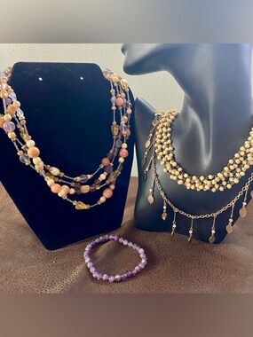 Multi-Strand Beaded Statement Necklace in Beige,Purple, Peach & Gold Jewelry Set
